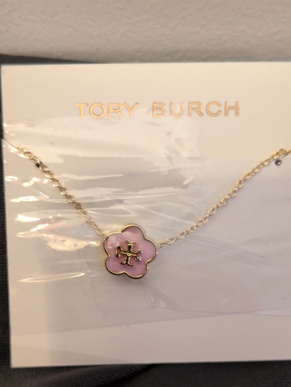 Tory Burch Pink Enamel Flower Logo Necklace - Gold Chain
